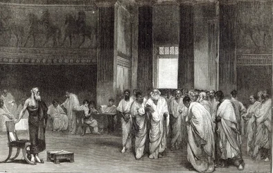 Appiusz Klaudiusz przekonujący senat do odrzucenia propozycji pokoju złożonej przez Pyrrusa, z "Godziny wypoczynku", 1891 r.