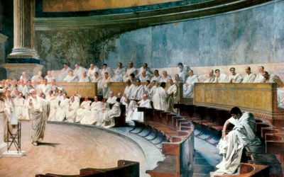Cyceron demaskuje Katylinę 8 listopada 63 r. p.n.e. Scena rozgrywa się w Senacie rzymskim, fresk wykonany między 1882 a 1888 rokiem przez Cesare Maccariego