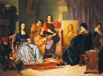 Leonardo da Vinci malujący Monę Lisę, autorstwa Cesare Maccariego (1840-1919)