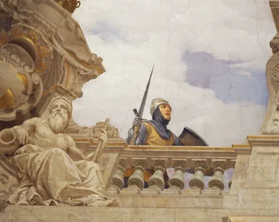 Fragment z Alegoria Włoch, fresk Cesare Mariani (1826-1901), sufit, Sala Większości, Palazzo delle Finanze (Pałac Finansów), Rzym. Włochy