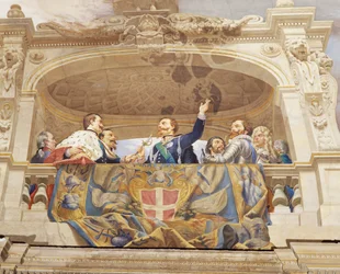 Fragment z Alegoria Włoch, fresk Cesare Mariani (1826-1901), sufit, Sala Większości, Palazzo delle Finanze (Pałac Finansów), Rzym. Włochy