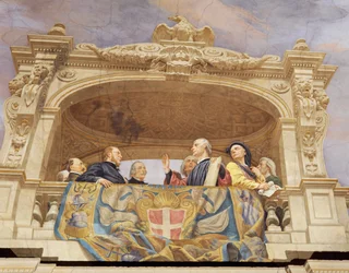 Fragment z Alegoria Włoch, fresk Cesare Mariani (1826-1901), sufit, Sala Większości, Palazzo delle Finanze (Pałac Finansów), Rzym. Włochy