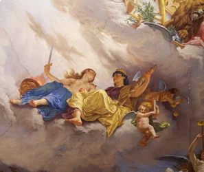 Fragment z Alegoria Włoch, fresk Cesare Mariani (1826-1901), sufit, Sala Większości, Palazzo delle Finanze (Pałac Finansów), Rzym. Włochy