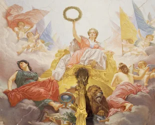 Fragment z Alegoria Włoch, fresk Cesare Mariani (1826-1901), sufit, Sala Większości, Palazzo delle Finanze (Pałac Finansów), Rzym. Włochy