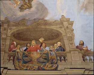 Fragment z Alegoria Włoch, fresk Cesare Mariani (1826-1901), sufit, Sala Większości, Palazzo delle Finanze (Pałac Finansów), Rzym. Włochy