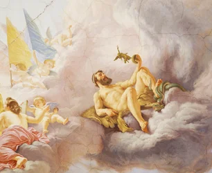 Fragment z Alegoria Włoch, fresk Cesare Mariani (1826-1901), sufit, Sala Większości, Palazzo delle Finanze (Pałac Finansów), Rzym. Włochy