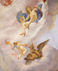 Fragment z Alegoria Włoch, fresk Cesare Mariani (1826-1901), sufit, Sala Większości, Palazzo delle Finanze (Pałac Finansów), Rzym. Włochy