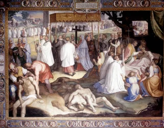 Plaga w Mediolanie: Św. Karol Boromeusz (1538 - 1584) gmina konająca. Fresk autorstwa Carlo Nebbia w Borromeo College w Pawii. 16 wiek