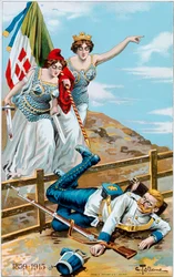 Pierwsza wojna światowa: plakat przedstawiający alegorię Włoch i Francji w pogoni za Niemcami poza granicę. Ilustracja Cesare Tallone (1853-1919) Kolekcja prywatna