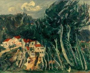 Ch.Soutine, po lewej wieś, po prawej drzewa