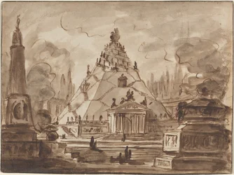 Fantazja architektoniczna z piramidalnym mauzoleum, ok. 1747 (pióro i brązowy tusz z brązowym praniem na papierze)