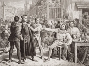 Lord Saye i Sele postawieni przed Jackiem Cade, 4 lipca 1450 r., z "Ilustracji historii Anglii i Szkocji", tom I (rycina)