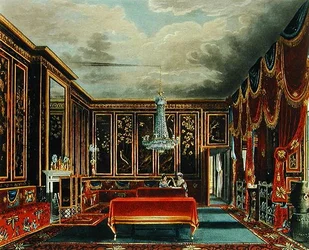 Pokój japoński w Frogmore, rytowany przez R. Reeve, z „Historii królewskich rezydencji w zamku Windsor, Pałacu St. James, Carlton House, Pałacu Kensington, Hampton Court i Frogmore”, wyd. A. Dry