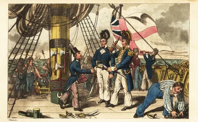 Kapitan Spring sprawia, że Midshipman Newcome staje się adiutantem i wręcza mu swój miecz na nadbudówce HMS Victory
