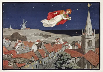 Peter and Wendy Flying from Peter Pan by JM Barrie (1860 - 1937) , pub.1904 (kolor lito)