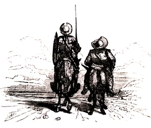 Don Kichot na koniu, obok Sancho na ośle