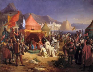 Zabrany z Trypolisu w kwietniu 1102 r. Bertrand de Saint-Gilles (Saint Gilles) (1065-1112) otrzymał zgłoszenie cadi Fekr el Moulk (Fakhr el-Moulk) Obraz Charlesa Alexandre (Charles-Alexandre) Debacq (1804-1850) )