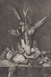 Trofeum myśliwskie z ptakami łownymi i karczochami, 1850-1900.