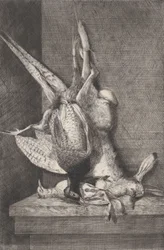 Trofeum myśliwskie z ptaszkiem łownym i królikiem, 1850-1900.