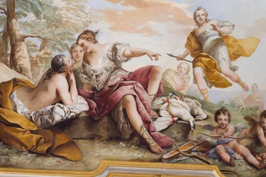 Reszta Diany wśród nimf, autorstwa Charles-Andre van Loo (1705-1765), fresk, sklepiony sufit sypialni, apartament królowej, Stupinigi, Piemont, Włochy