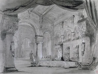 Scenografia wnętrz pałacu do przedstawienia opery "Makbet" Giuseppe Verdiego (1813-1901) w Theatre Lyrique, Chatelet, 1865 (węgiel drzewny i biała kreda na papierze)