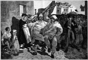 Służba wojskowa: losowanie w Burgundii, poborowi pod Macon. Grawerowanie autorstwa Montbarta w „” The Illustrous World”” nr 1299 z 18 lutego 1882 r.