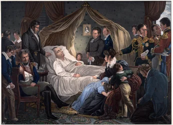 Śmierć Napoleona - Steuben, Charles de (1788-1856) - 1825 - litografia, akwarela - 52,4x71,8 - kolekcja prywatna