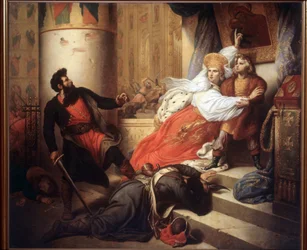 Matka (Nathalie Narychkine, Natalia Narychkina) (1651-1694) ratująca Piotra I z Rosji (lub Piotra Wielkiego), jako dziecko, podczas powstania Strielckiego (ulice) w 1682 r. (Matka uratowała Piotra I jako dziecko podczas Strielcy Powstanie 1682). Namalowany