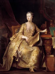 Portret Jeanne Antoinette Poisson, Madame de Pompadour (znana jako markiza Pompadour) (1722-1764) trzymająca partyturę muzyki, Obraz Charlesa Auguste Steubena (1788-1856) (ec.alle) XIX w. niedz. 1,65x1,32 m²