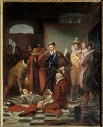 Henryk III, król Francji, odpycha nogą ciało Henryka I Lotaryńskiego, księcia Guise, zwanego Bliznowatym (1550-1588), po jego zabójstwie na zamku w Blois