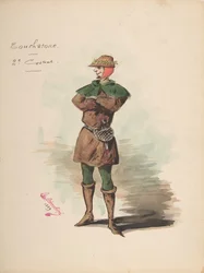 Projekt kostiumu na kamień probierczy [a], arkusz opisowy kostiumu i akcesoriów..., 1889.