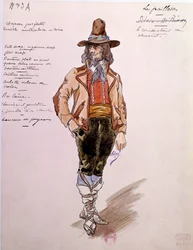 Kostium woźnicy do opery „Paillasse” (pagliacci, klauni) Ruggero Leoncavallo (1857-1919) z 1892 roku. Akwarela Charlesa Bianchiniego (1860-1905)