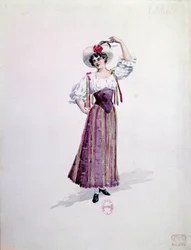 Kostium młodej kobiety (Nedda czy Colombine?) do opery „Paillasse” (de pagliacci, klauni) Ruggero Leoncavallo (1857-1919) z 1892 roku. Akwarela Charlesa Bianchiniego (1860-1905)