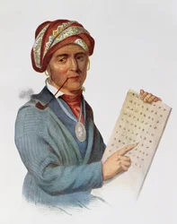 Se-quo-yah lub George Guess, 1828, ilustracja z „The Indian Tribes of North America, Vol. 1”, Thomasa L. McKenneya i Jamesa Halla, wyd. przez Johna Granta
