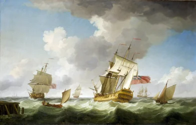 Statek handlowy Brytyjskiej Kompanii Wschodnioindyjskiej przy silnym wietrze, w pobliżu molo, które właśnie opuścił. Olej na płótnie, około 1750 roku, autorstwa Charlesa Brookinga (1723-1759).