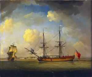 Statek "Naval Snow", brytyjski statek z dwoma masztami, używany do transportu zaopatrzenia dla Królewskiej Marynarki Wojennej, na horyzoncie, Fort Tilbury, na Tamizie, Anglia