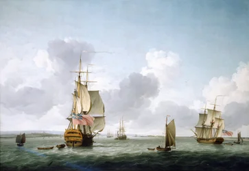 Statek z dwoma pokładami i fregata płynąca w górę Tamizy (Anglia), niedaleko Gravesend. Olej na płótnie autorstwa Charlesa Brookinga (1723-1759).