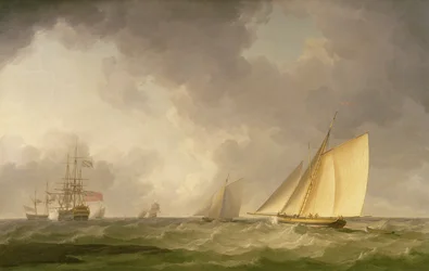 Kuter płynący ostro pod wiatr przy świeżej bryzie, z innymi statkami, około 1750