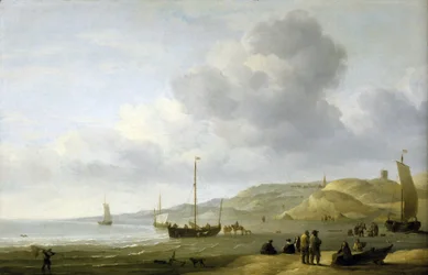 Scena na brzegu w pobliżu Scheveningen (Holandia). Olej na płótnie