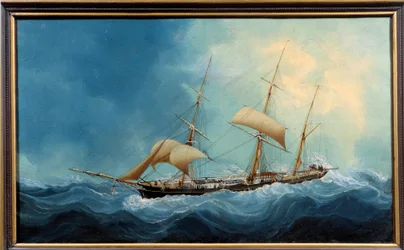 Żaglówka z trzema matami w locie Obraz Charlesa Cheri Dubreuila (Cheri-Dubreuil) (1828-1880) 1865 - Fecamp. Musee Des Terre Neuvas - Uciekający trójmasztowiec. Obraz Charlesa Dubreuila (XIX wiek)