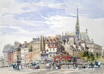 Sainte-Chapelle i Pałac Sprawiedliwości przy nabrzeżu Pont Saint-Michel". Akwarela. Charles Claude Pyne (1802-1878) angielski malarz pejzaży i gatunków. Paryż, Francja