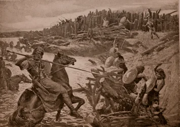 Cezar przekracza Tamizę, ilustracja z „Historii narodu brytyjskiego Hutchinsona”, ok. 1920