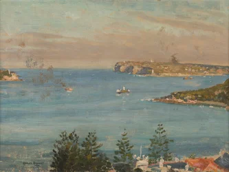 Patrząc w stronę Sydney Heads z północy miasta (olej na pokładzie)