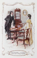 „Udało mi się ,,, moje propozycje nie zawiodą się do zaakceptowania”, pan Collins i Elizabeth Bennet, ilustracja do „Duma i uprzedzenie” Jane Austen