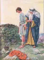 Czy Izaak umrze? ilustracja z książki Przez Biblię, Virtue Publishing, 1928
