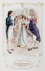 Sir William Lucas: „Panie Darcy, musi mi pan pozwolić przedstawić panu tę młodą damę jako bardzo pożądaną partnerkę do tańca (Elizabeth Bennet)”, ilustracja do „Dumy i uprzedzenia” Jane Austen