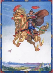 Koń wzleciał w powietrze, scena z Rycerza kwiatów w bajkach dla dzieci z rumuńskich legend Mojżesza Gastera (1856-1939) 1921