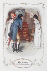 To niesamowite wprowadzenie miało miejsce”, Georgina Darcy i jej brat Fitzwilliam Darcy z Elizabeth Bennet, ilustracja do „Duma i uprzedzenie” Jane Austen