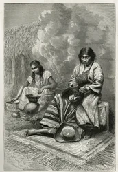 Zepsucie dziecka przez matkę i produkcja cane eau de vie (rum) w pobliżu Cali (Dolina Cauca, Kolumbia), grawer autorstwa Ch.Delort, aby zilustrować historię Equinoxiale America autorstwa E.Andre, misję misyjną autorstwa E.Andre rząd francuski, opublikowany