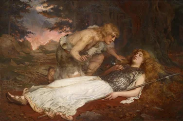 Siegfried (Sigurd) i Bruennhilde (Brunehilda) par Butler, Charles Ernest (1864-1933). Olej na płótnie, format : 130x200